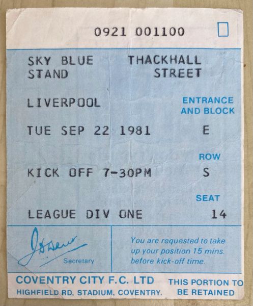 1981/82 ORIGINAL DIVISION ONE TICKET COVENTRY CITY V LIVERPOOL