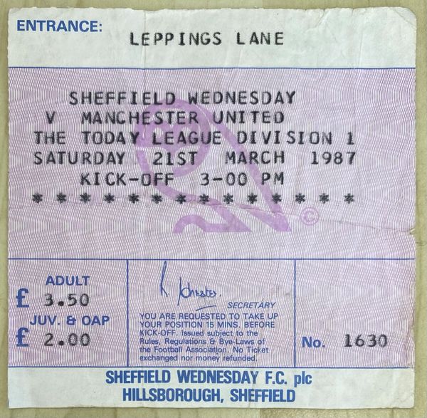 1986/87 ORIGINAL DIVISION ONE TICKET SHEFFIELD WEDNESDAY V MANCHESTER UNITED (VISITORS END)