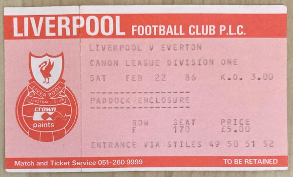 1985/86 ORIGINAL DIVISION ONE TICKET LIVERPOOL V EVERTON