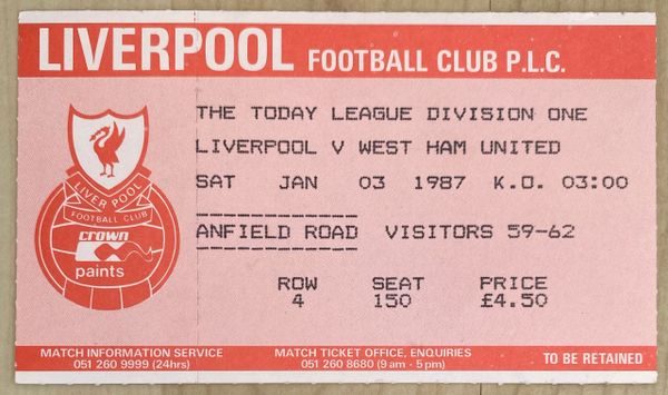 1986/87 ORIGINAL DIVISION ONE TICKET LIVERPOOL V WEST HAM UNITED (WEST HAM ALLOCATION)