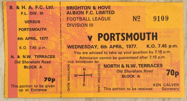 1976/77 ORIGINAL UNUSED DIVISION THREE TICKET BRIGHTON AND HOVE ALBION V PORTSMOUTH