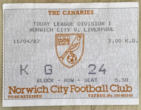 1986/87 ORIGINAL DIVISION ONE TICKET NORWICH CITY V LIVERPOOL