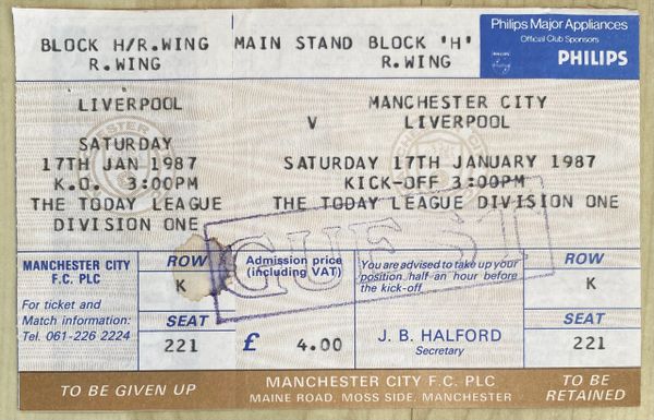 1986/87 ORIGINAL UNUSED DIVISION ONE TICKET MANCHESTER CITY v LIVERPOOL