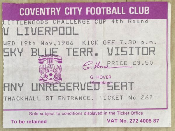 1986/87 ORIGINAL LITTLEWOODS CUP 4TH ROUND TICKET COVENTRY CITY V LIVERPOOL (LIVERPOOL ALLOCATION)