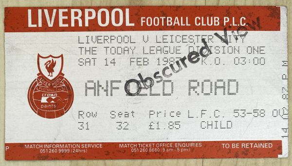 1986/87 ORIGINAL DIVISION ONE TICKET LIVERPOOL V LEICESTER CITY