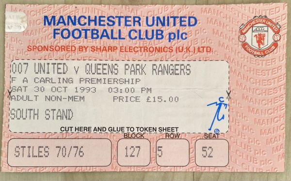 1993/94 ORIGINAL FA PREMIERSHIP TICKET MANCHESTER UNITED V QUEENS PARK RANGERS