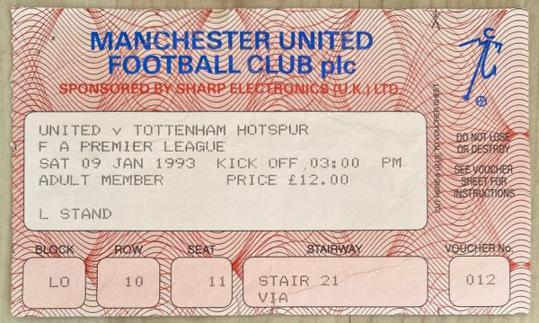 1992/93 ORIGINAL FA PREMIER LEAGUETICKET MANCHESTER UNITED V TOTTENHAM HOTSPUR