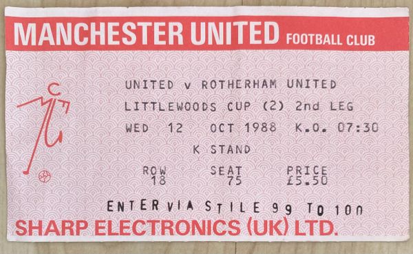 1988/89 ORIGINAL LITTLEWOODS CUP 2ND ROUND 2ND LEG TICKET MANCHESTER UNITED V ROTHERHAM UNITED