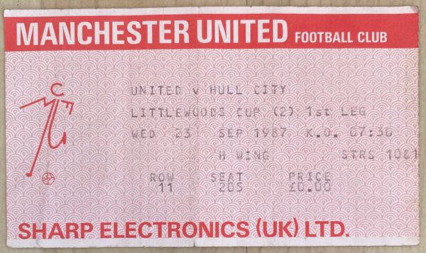1987/88 ORIGINAL LITTLEWOODS CUP 2ND ROUND 1ST LEG TICKET MANCHESTER UNITED V HULL CITY