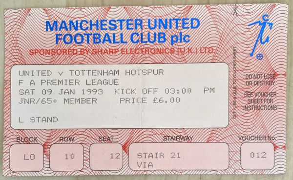 1992/93 ORIGINAL PREMIER LEAGUE TICKET MANCHESTER UNITED V TOTTENHAM HOTSPUR