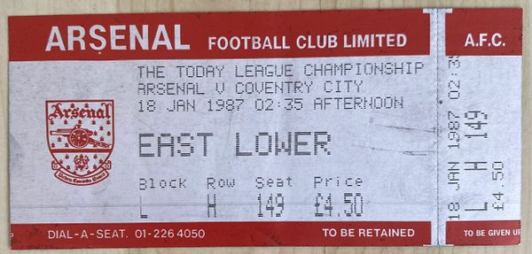 1986/87 ORIGINAL UNUSED DIVISION ONE TICKET ARSENAL V COVENTRY CITY