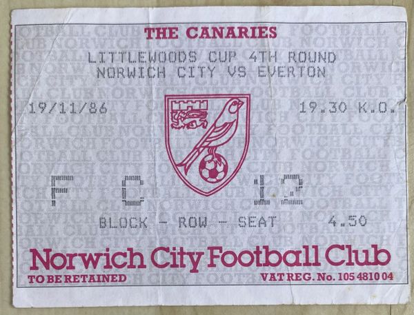 1986/87 ORIGINAL LITTLEWOODS CUP 4TH ROUND TICKET NORWICH CITY V EVERTON