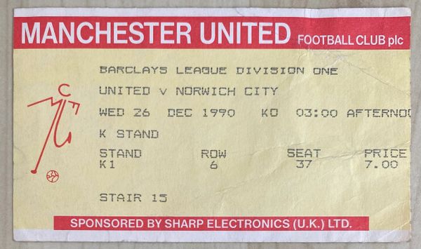 1990/91 ORIGINAL DIVISION ONE TICKET MANCHESTER UNITED V NORWICH CITY