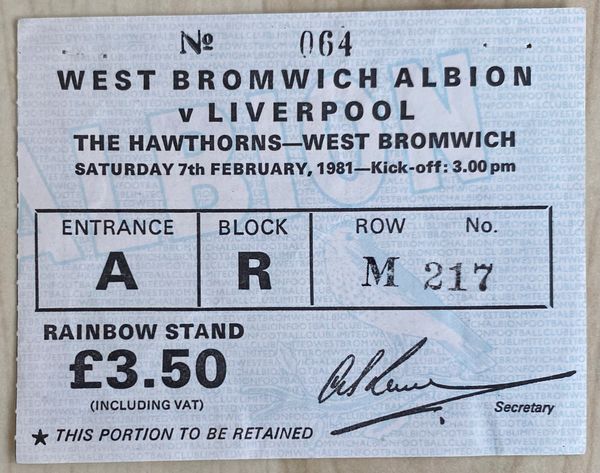 1980/81 ORIGINAL DIVISION ONE TICKET WEST BROMWICH ALBION V LIVERPOOL