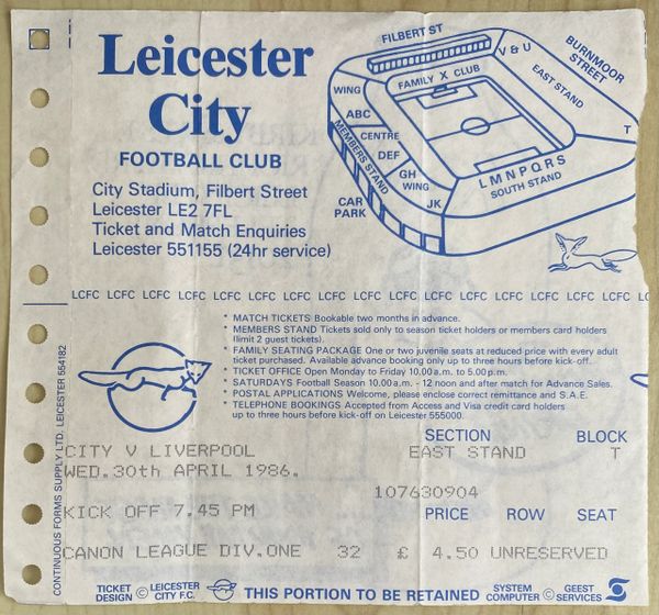 1985/86 ORIGINAL DIVISION ONE TICKET LEICESTER CITY V LIVERPOOL (LIVERPOOL ALLOCATION)