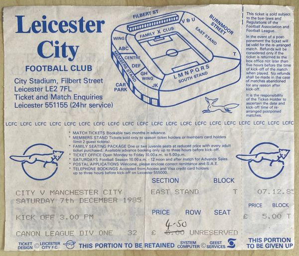 1985/86 ORIGINAL UNUSED DIVISION ONE TICKET LEICESTER CITY V MANCHESTER CITY (VISITORS ALLOCATION)