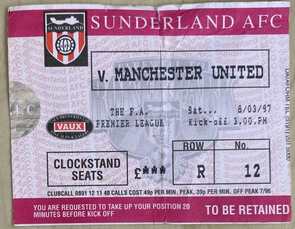 1996/97 ORIGINAL PREMIER LEAGUE TICKET SUNDERLAND V MANCHESTER UNITED