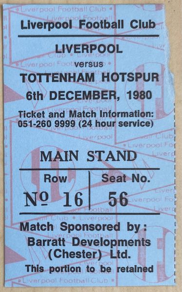 1980/81 ORIGINAL DIVISION ONE TICKET LIVERPOOL V TOTTENHAM HOTSPUR