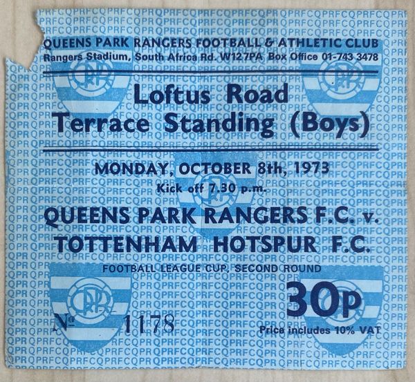 1973/74 ORIGINAL LEAGUE CUP 2ND ROUND TICKET QUEENS PARK RANGERS V TOTTENHAM HOTSPUR