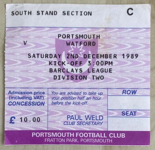 1989/90 ORIGINAL DIVISION TWO TICKET PORTSMOUTH V WATFORD