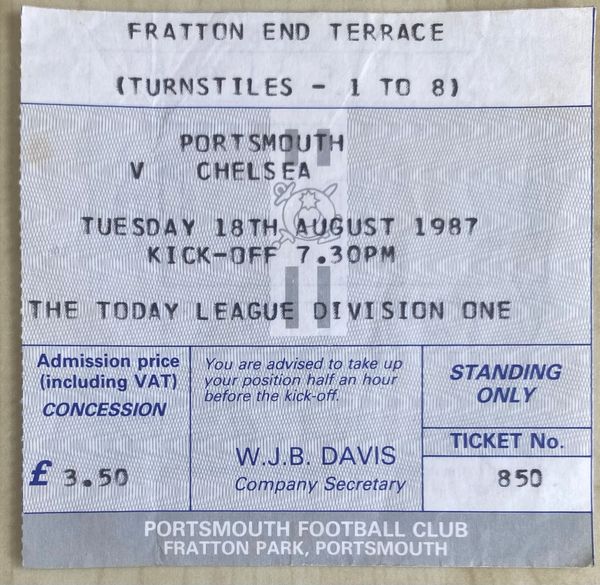 1987/88 ORIGINAL DIVISION ONE TICKET PORTSMOUTH V CHELSEA