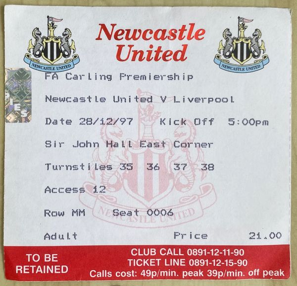 1997/98 ORIGINAL FA PREMIERSHIP TICKET NEWCASTLE UNITED V LIVERPOOL