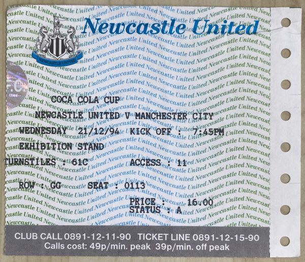 1994/95 ORIGINAL COCA COLA CUP 4TH ROUND REPLAY NEWCASTLE UNITED V MANCHESTER CITY