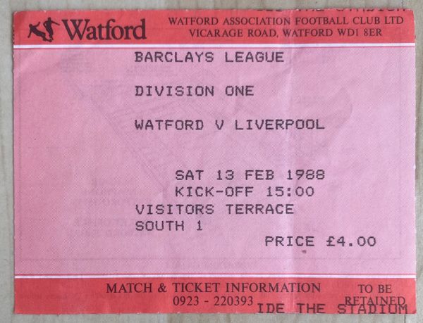 1987/88 ORIGINAL DIVISION ONE TICKET WATFORD V LIVERPOOL (VISITORS END)