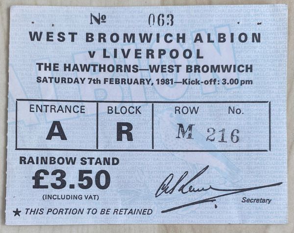 1980/81 ORIGINAL DIVISION ONE TICKET WEST BROMWICH ALBION V LIVERPOOL