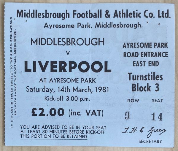 1980/81 ORIGINAL DIVISION ONE TICKET MIDDLESBROUGH V LIVERPOOL