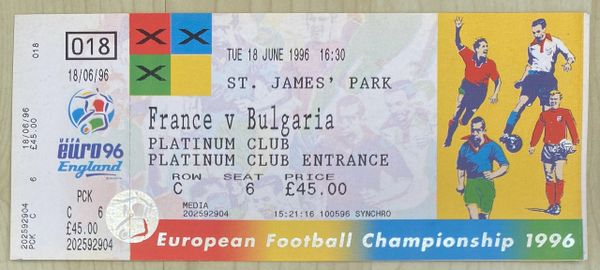 1996 ORIGINAL UNUSED EURO 96 1ST ROUND TICKET FRANCE V BULGARIA @ ST JAMES' PARK NEWCASTLE