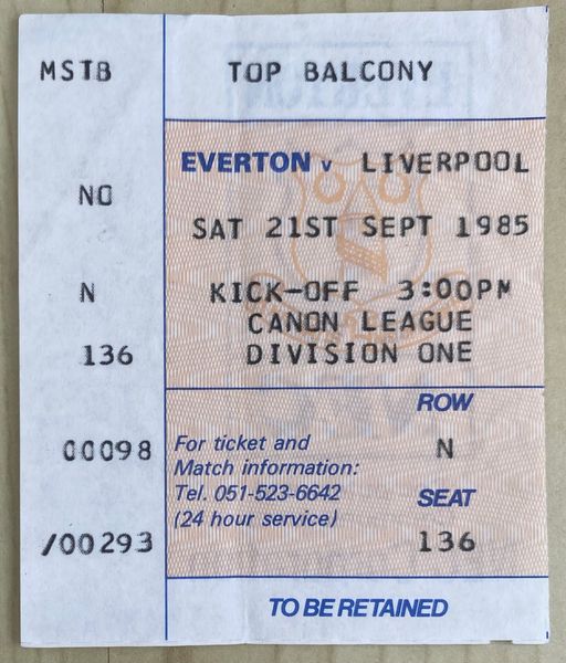 1985/86 ORIGINAL DIVISION ONE TICKET EVERTON V LIVERPOOL