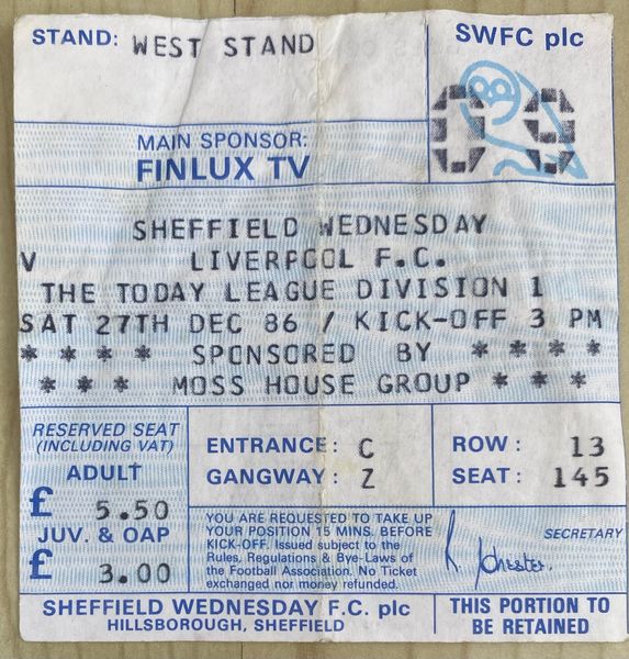 1986/87 ORIGINAL DIVISION ONE TICKET SHEFFIELD WEDNESDAY V LIVERPOOL (VISITORS SEATING)