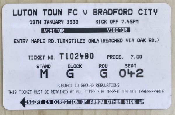 1987/88 ORIGINAL LITTLEWOODS CUP 5TH ROUND TICKET LUTON TOWN V BRADFORD CITY