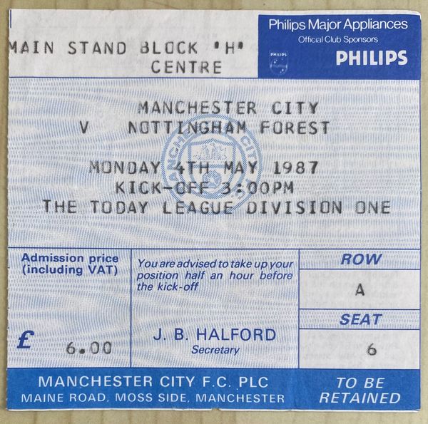 1986/87 ORIGINAL DIVISION ONE TICKET MANCHESTER CITY V NOTTINGHAM FOREST