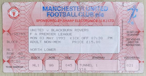 1992/93 ORIGINAL UNUSED FA PREMIER LEAGUE TICKET MANCHESTER UNITED V BLACKBURN ROVERS