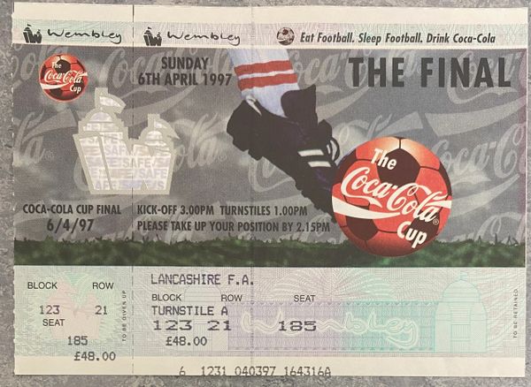 1997 ORIGINAL UNUSED COCA COLA LEAGUE CUP FINAL TICKET MIDDLESBROUGH V LEICESTER CITY (LANCASHIRE FA ALLOCATION)