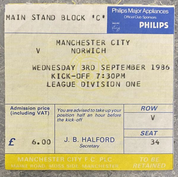 1986/87 ORIGINAL DIVISION ONE TICKET MANCHESTER CITY V NORWICH CITY