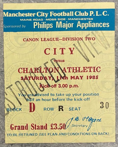 1984/85 ORIGINAL DIVISION TWO TICKET MANCHESTER CITY V CHARLTON ATHLETIC