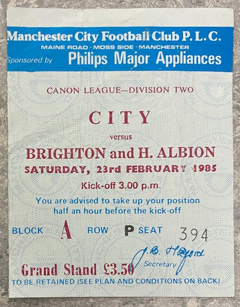 1984/85 ORIGINAL DIVISION TWO TICKET MANCHESTER CITY V BRIGHTON AND HOVE ALBION