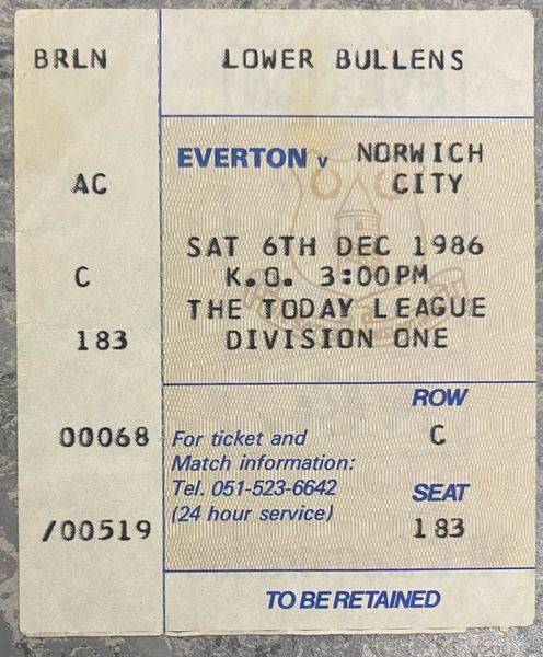 1986/87 ORIGINAL DIVISION ONE TICKET EVERTON V NORWICH CITY