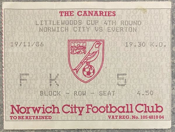 1986/87 ORIGINAL LITTLEWOODS CUP 4TH ROUND TICKET NORWICH CITY V EVERTON