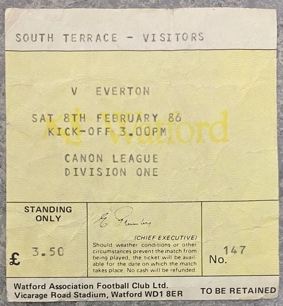 1985/86 ORIGINAL DIVISION ONE TICKET WATFORD V EVERTON (VISITORS END)