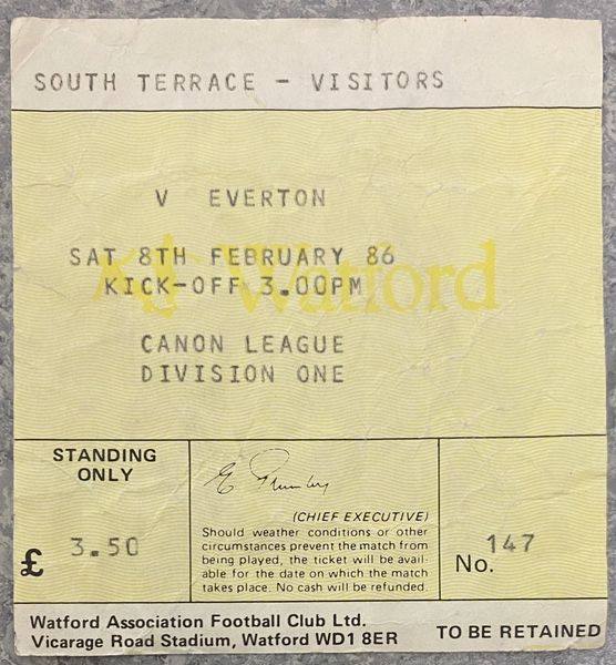 1985/86 ORIGINAL DIVISION ONE TICKET WATFORD V EVERTON (VISITORS END)