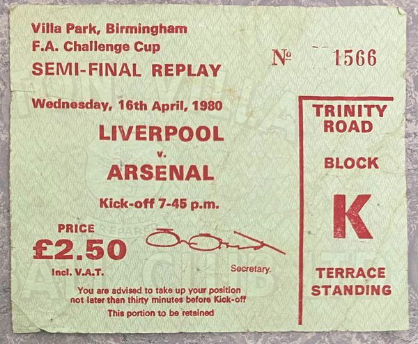 1980 ORIGINAL FA CUP SEMI FINAL REPLAY TICKET LIVERPOOL V ARSENAL @VILLA PARK (ARSENAL ALLOCATION)