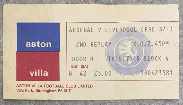 1980 ORIGINAL FA CUP SEMI FINAL 2ND REPLAY TICKET LIVERPOOL V ARSENAL @VILLA PARK (ARSENAL ALLOCATION)