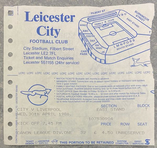 1985/86 ORIGINAL DIVISION ONE TICKET LEICESTER CITY V LIVERPOOL (LIVERPOOL ALLOCATION)