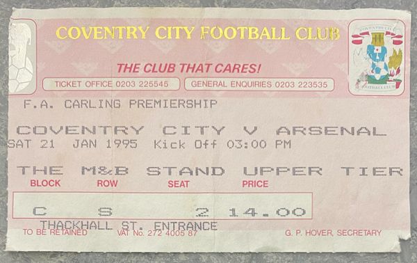 1994/95 ORIGINAL FA PREMIERSHIP LEAGUE TICKET COVENTRY CITY V ARSENAL (VISITORS ALLOCATION)