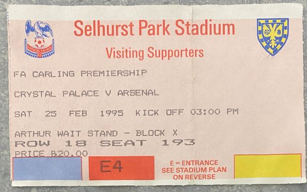 1994/95 ORIGINAL FA PREMIERSHIP TICKET CRYSTAL PALACE V ARSENAL (VISITORS ALLOCATION)