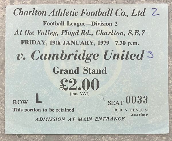 1976/77 ORIGINAL DIVISION TWO TICKET CHARLTON ATHLETIC V CAMBRIDGE UNITED